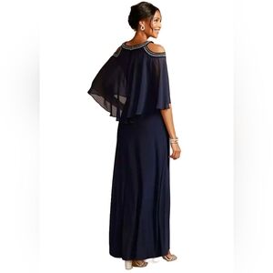 Alex Evenings Embellished Cold Shoulder Capelet Dress (8) Navy